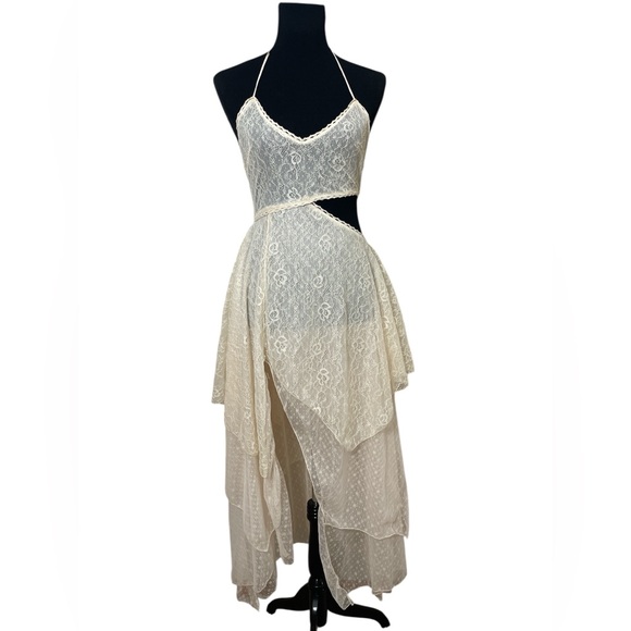 Current Mood Dresses & Skirts - Dolls Kill Current Mood Cream Asymmetrical Cut Out Lace Dress fairy Grunge